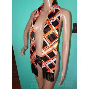 Vintage Black Orange & White Long Geometric Scarf with Fringe 1970s neck scarves
